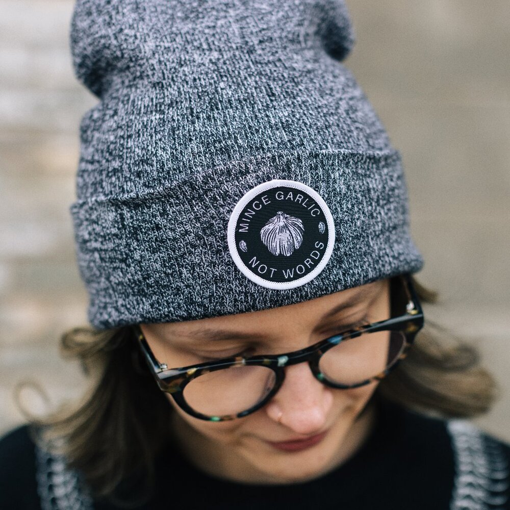 Unisex Handmade Acrylic Knit Garlic Patch Beanie Hat Foodie Gift Marled Black